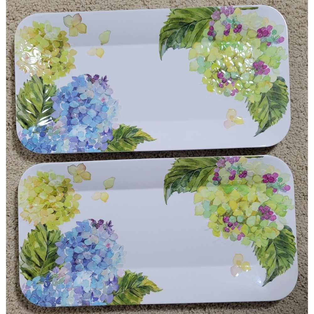 Shabby Chic Floral Hydrangeas Watercolor Melamine Serving Trays Platter 15x8 (2)